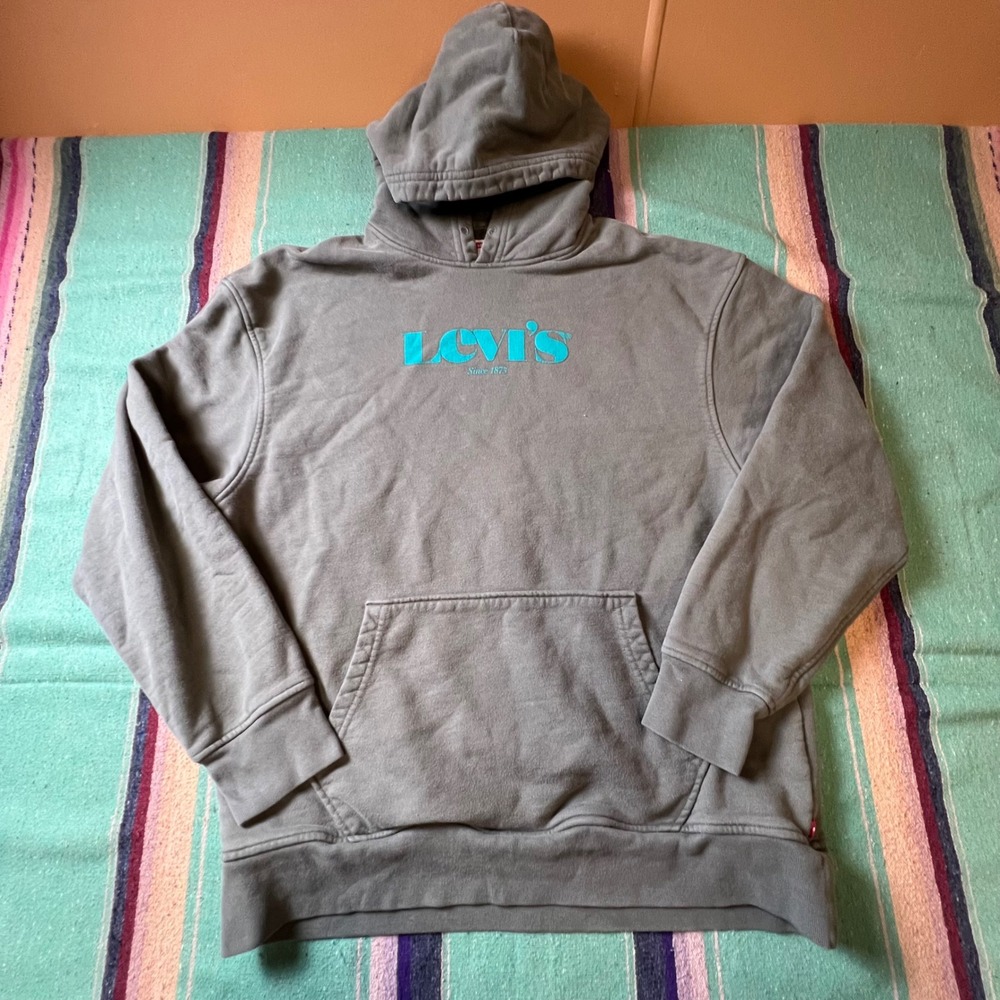 Levi's Hoodie Mens Medium Grey Relaxed Fit Teal Logo Pullover PC9-38479-0065